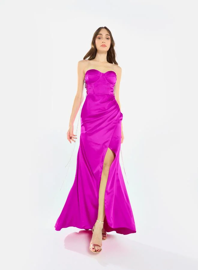 House of Moda Women Side Lace Detail Bodice Slit Gown Maxi Dress